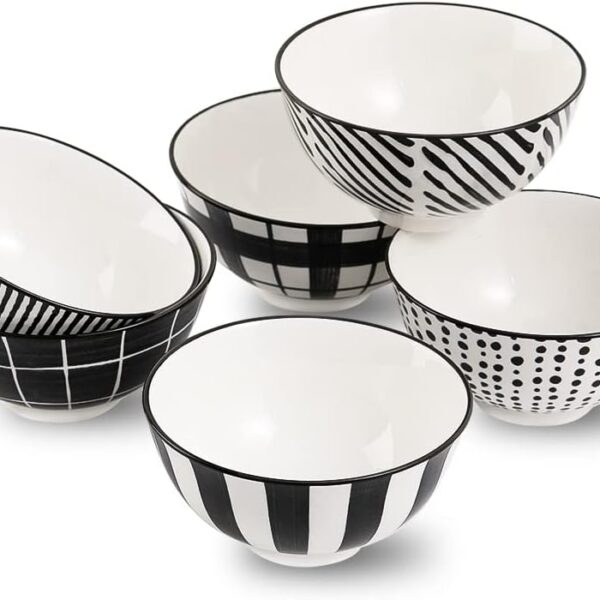 Porcelain Dessert Bowls Ice Cream Bowl - Ceramic Small Bowls 10 oz - Littlebowl for Rice | Soup | Snack | Side Dish - Japanese Black and White Bowl Set of 6 - Microwave and Dishwasher Safe - 4.75 Inch