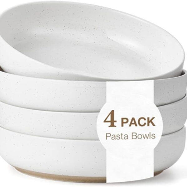 8.3" Pasta Bowls Set of 4, 34 oz Ceramic Salad Bowls, White Serving Plate, Wide and Shallow Bowl for for Fruits, Noodle, Dinner, Housewarming Wedding Christmas Dishwasher and Microwave Safe