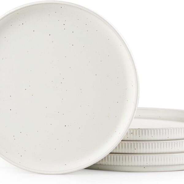 Ceramic Flat Plates Set of 4, 8 Inch Dessert, Salad, Appetizer, Small Lunch Plates, Microwave and Dishwasher Safe, Kitchen Porcelain Dish, Speckled White
