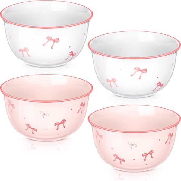 4 Pcs Pink Bow Ceramic Bowls Set 4.5 Inch Coquette Cute Soup Bowl 12 Ounces Dessert Bowls for Kitchen Side Dishes Ice Cream Rice Soup Snack Cereal, Microwave and Dishwasher Safe