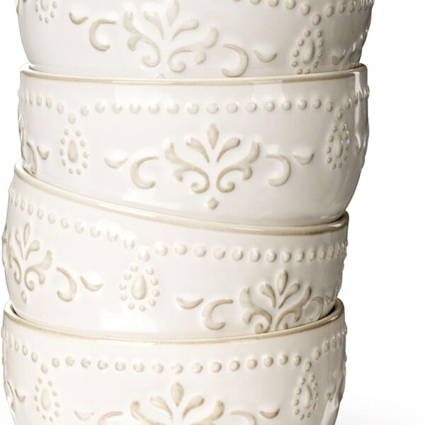 Small Bowls Set of 4, 12 oz Ceramic Embossment Dessert Bowls, white Bowl for Kitchen, Ice Cream, Side Dishes, Rice, Cereal, Fruit, 4.5 Inch, Microwave & Dishwasher Safe, Damask Floral