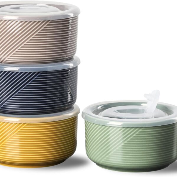 Ceramic Bowl with Lid, Microwave Safe - 20 oz Multicolor | Food Storage Container for Soup, Salad, Cereal, Leftovers, Meal Prep, Lunch, Picnic, Camping, Serving - Airtight Set of 4