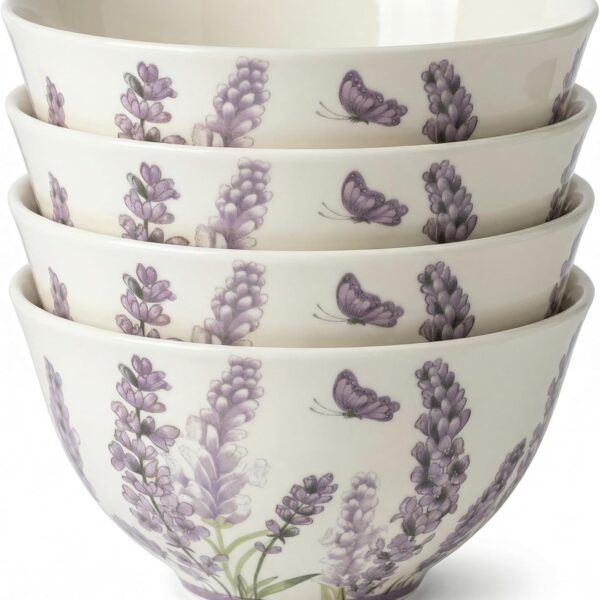 Lavender Cereal Bowls Set of 4, 23.5 oz Ceramic Soup Bowls, 6 Inch | Lavender floral bowls for cereal, soup, oatmeal, salad and rice; ceramic, microwave and dishwasher safe, great gift.