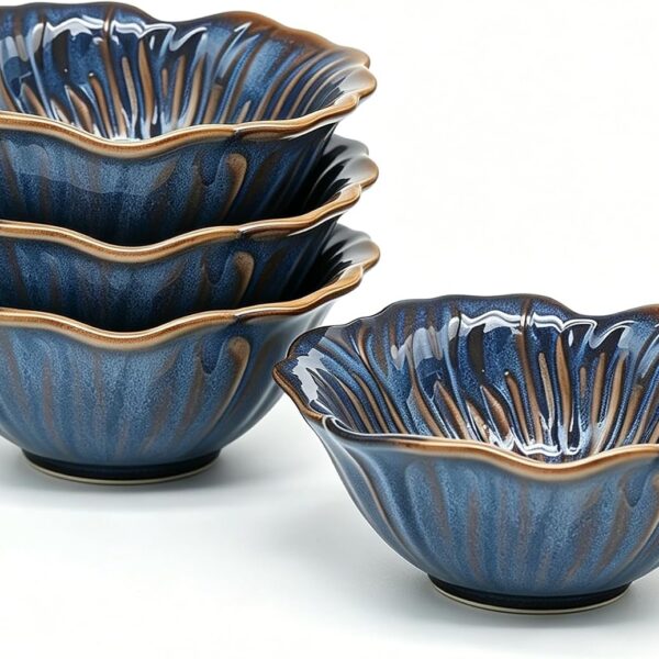 Ceramic Cereal Bowls Set of 4, 24 oz Soup Bowls Microwave Safe, Flower-shaped Reactive Glaze Ceramic Bowls for Kitchen, Salad, Oatmeal, Fruit, Noodle & Rice,  Series (Reactive Darkblue)