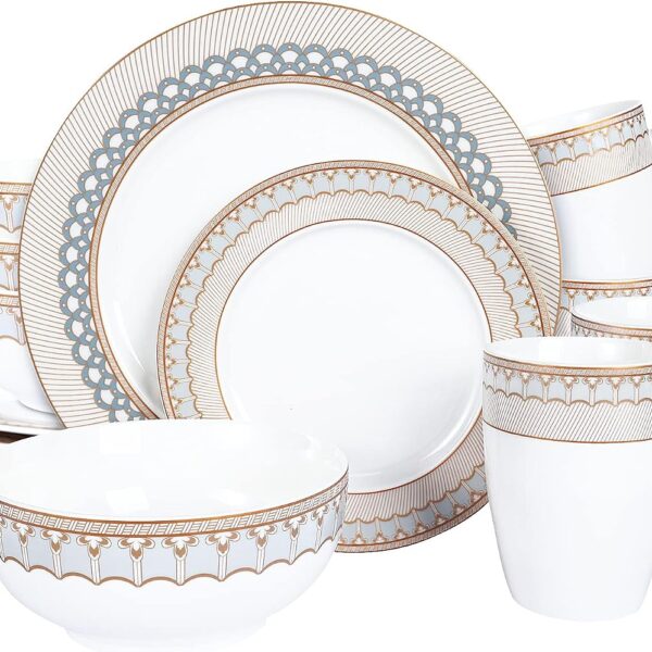 16-Piece Porcelain Kitchen Dinnerware with Mug, Service for 4, Grey Fish Scale Pattern Plates, Bowls, Brown Dinner Set